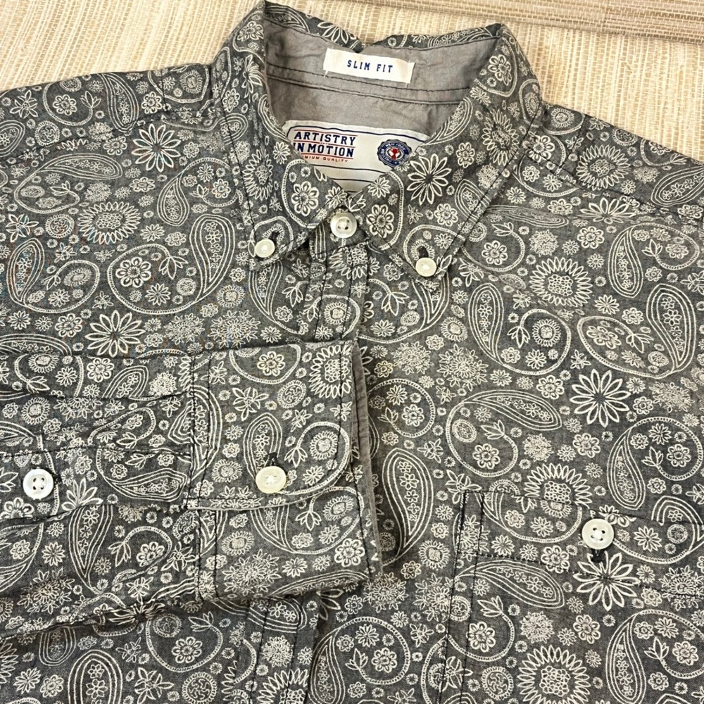 Artistry In Motion Mens Slim‎ Fit Gray Paisley Floral Button Down Western Small